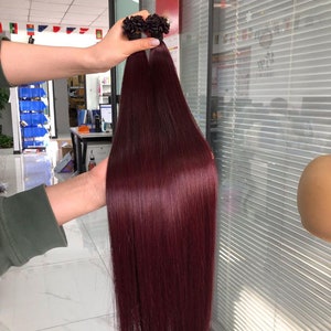 バーガンディ 99J 100 ストランド/パック シルク ストレート フラット チップ ヘアエクステンション マイクロリンク 人毛 レッド ケラチン ブラジル レミー ヘア バルク 女性用
