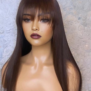 Dark Brown Silk Straight Lace Front Human Hair Wigs with Bangs Brazilian Remy Hair Pre Plucked Glueless Transparent Lace Front Wig For Women