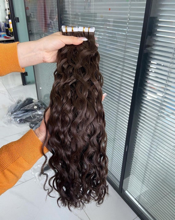 Chocolate Brown Curly 40pcs Tape in Human Hair Extensions