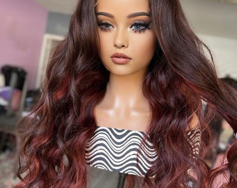 Burgundy Brown Loose Wave Human Hair Lace Front Wig | Long Wavy 100% Human Hair Wig for Women Natural Look Glueless Wig
