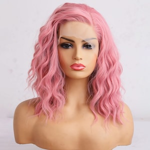 Luxury Wigs Short Wave Pink High Temperature Heat Resistant Synthetic Curly Lace Front Wigs Glueless For Women Wigs Cosplay Wig