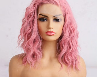 Luxury Wigs Short Wave Pink High Temperature Heat Resistant Synthetic Curly Lace Front Wigs Glueless For Women Wigs Cosplay Wig