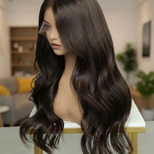 May include: A dark brown wig with long, wavy hair. The wig is displayed on a mannequin head, featuring a natural hairline and a side parting. The hair falls in loose waves, providing a voluminous and elegant appearance.