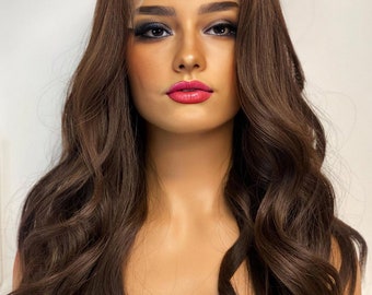 Chocoladebruine body wave kant-en-klare pruiken van echt haar voorgeplukt Braziliaans remy-haar transparant kantpruik lijmloos donkerbruin gratis deel