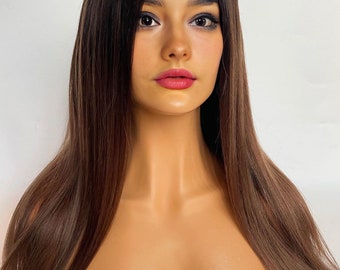 Long Straight Chocolate Brown Human Hair Lace Front Wig with Highlights | 100% Real Hair Wig for Women Natural Sleek Style