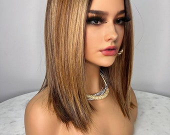 Highlight Blonde Brown Straight Lace Front Wigs Brazilian Remy Hair Short Bob Lace Frontal Wig For Women Pre Plucked Glueless Human Hair Wig
