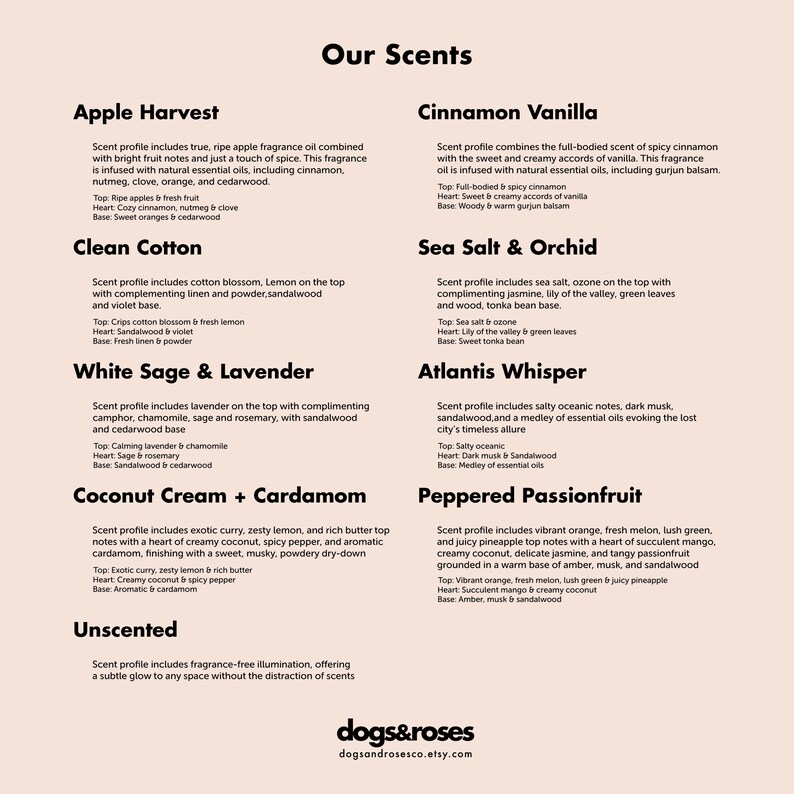 Puede incluir: Una p&aacute;gina de descripci&oacute;n de producto de Dogs & Roses titulada "Nuestros aromas". La p&aacute;gina enumera perfiles de aroma para Apple Harvest, Cinnamon Vanilla, Clean Cotton, Sea Salt & Orchid, White Sage & Lavender, Atlantis Whisper, Coconut Cream + Cardamom, Peppered Passionfruit y Unscented.