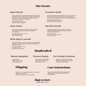 K&ouml;nnte beinhalten: Ein Produktinformationsblatt f&uuml;r Duftkerzen. Das Blatt listet die D&uuml;fte auf: Apple Harvest, Cinnamon Vanilla, Clean Cotton, Sea Salt & Orchid und White Sage & Lavender. Es enth&auml;lt auch Angaben zu Inhaltsstoffen und Pflegehinweisen.