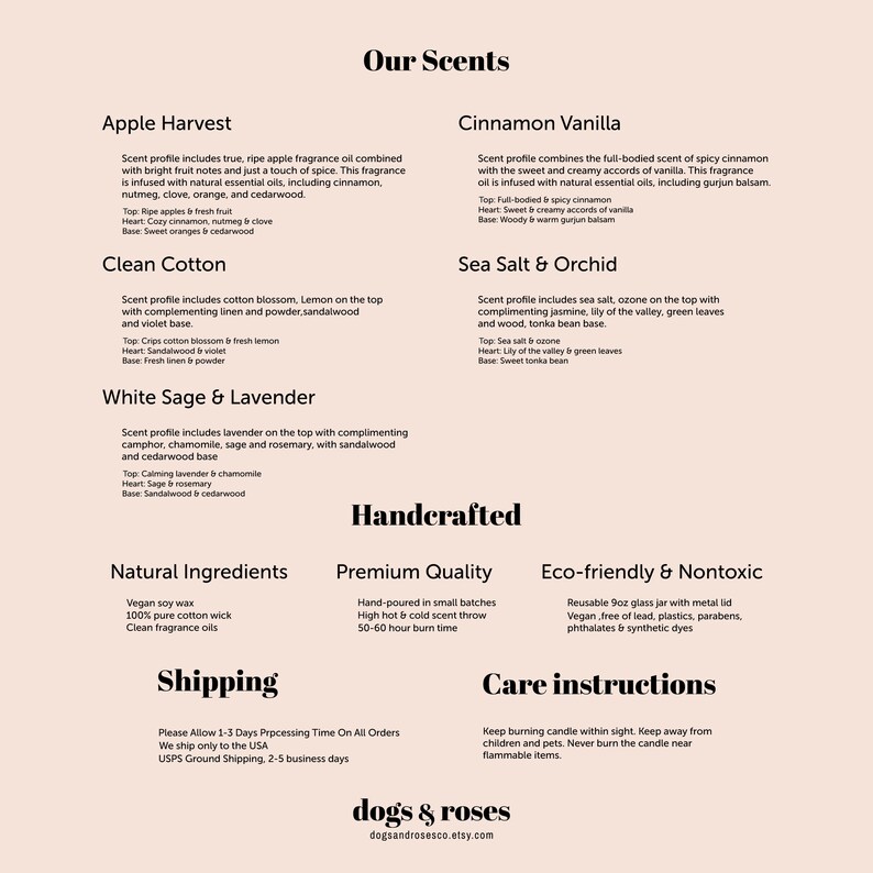 K&ouml;nnte beinhalten: Ein Produktinformationsblatt f&uuml;r Duftkerzen. Das Blatt listet die D&uuml;fte auf: Apple Harvest, Cinnamon Vanilla, Clean Cotton, Sea Salt & Orchid und White Sage & Lavender. Es enth&auml;lt auch Angaben zu Inhaltsstoffen und Pflegehinweisen.