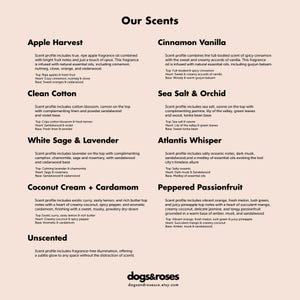 May include: A graphic with a list of ten different candle scents. Each scent is described with a short description of the scent profile. The scents are: Apple Harvest, Clean Cotton, White Sage & Lavender, Coconut Cream + Cardamom, Unscented, Cinnamon Vanilla, Sea Salt & Orchid, Atlantis Whisper, Peppered Passionfruit, and Dogs & Roses.