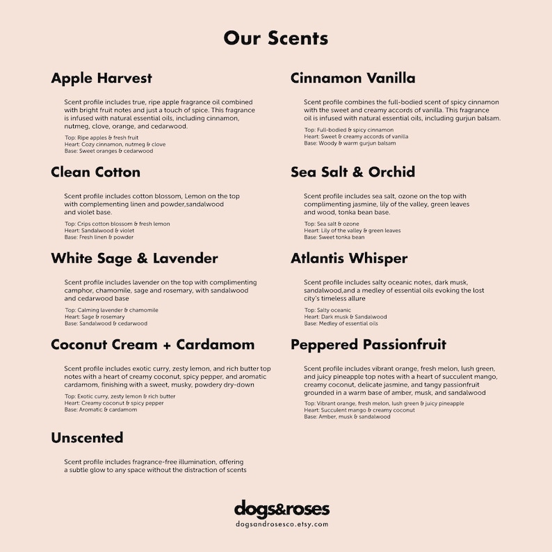May include: A graphic with a list of ten different candle scents. Each scent is described with a short description of the scent profile. The scents are: Apple Harvest, Clean Cotton, White Sage & Lavender, Coconut Cream + Cardamom, Unscented, Cinnamon Vanilla, Sea Salt & Orchid, Atlantis Whisper, Peppered Passionfruit, and Dogs & Roses.