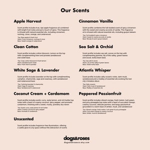 May include: A graphic with a list of 10 different scents for candles, each with a description of the scent profile. The scents are: Apple Harvest, Clean Cotton, White Sage & Lavender, Coconut Cream + Cardamom, Cinnamon Vanilla, Sea Salt & Orchid, Atlantis Whisper, Peppered Passionfruit, and Unscented.