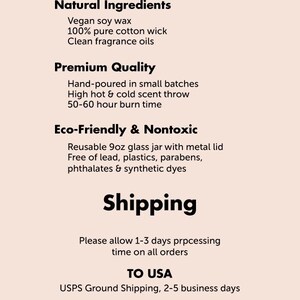 May include: Text on a light pink background reads "Artisan Crafted." Details include natural ingredients like vegan soy wax and a 100% cotton wick. The product is hand-poured in small batches with a 50-60 hour burn time. The jar is reusable and eco-friendly.