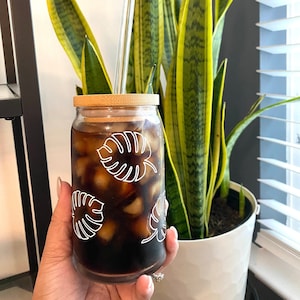 MONSTERA leaf w/ STRAW LID Iced Coffee Glass Can | Vinyl Floral Glassware | Beer Can Shaped Mug | Trendy Summer