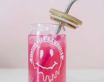 Emotionally Exhausted with straw & LID Iced Coffee Glass Can | Vinyl Glassware | Beer Soda Can Shaped Mug | Gifts under 20 | Gifts for Her