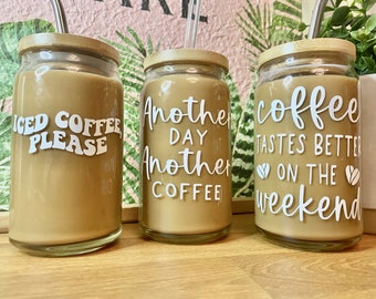 Cute COFFEE LOVER theme with straw & LID Iced Coffee Glass Can | Vinyl Glassware | Beer Soda Can Shaped Mug | Gifts under 20 | Gifts for Her