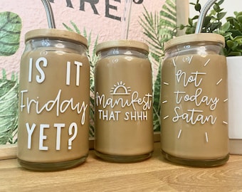 Cute MOTIVATION theme with STRAW LID Iced Coffee Glass Can | Vinyl Glassware | Beer Soda Can Shaped Mug | Gifts under 20 | Gifts for Her