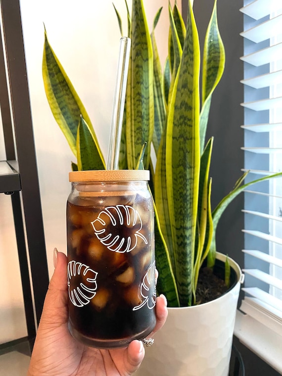 MONSTERA leaf w/ STRAW LID Iced Coffee Glass Can | Vinyl Floral Glassware | Beer Can Shaped Mug | Trendy Summer