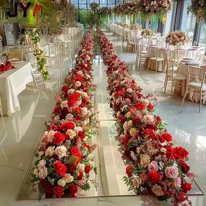 Camino de flores de peonía y rosas, centro de mesa para bodas, guirnalda de flores para escaleras, arreglos florales para el suelo, camino de mesa para recepción de bodas, arco de flores tipo guirnalda.