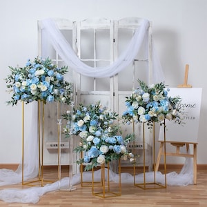Centrotavola con palla di fiori blu, palla floreale in seta, composizione floreale per matrimonio, anniversario di matrimonio, decorazione da tavolo per feste