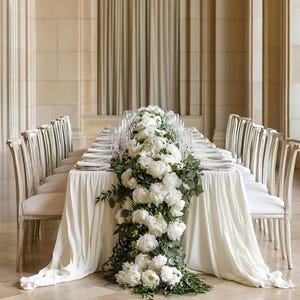 Peut inclure: Une longue table dressée pour un événement formel, ornée de fleurs blanches et de verdure. La table est recouverte d'une nappe blanche et entourée de chaises blanches. Flûtes à champagne et couverts sont visibles.