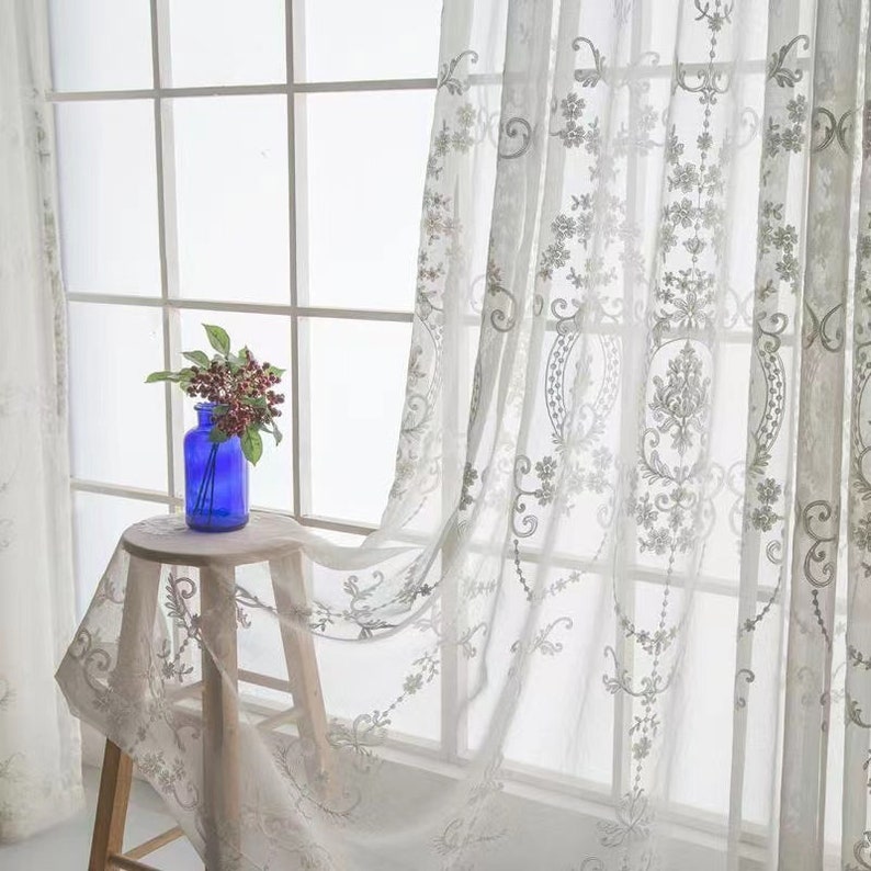 Embroidered Flower Curtain A Panels Pair White Sheer Voile Etsy