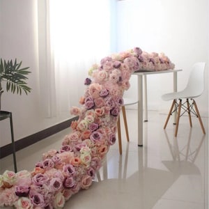 Runner da tavolo con fiori di peonia rosa, ghirlanda di fiori nuziali, runner di fiori di rosa artificiale, decorazione runner da tavola per ricevimento di nozze