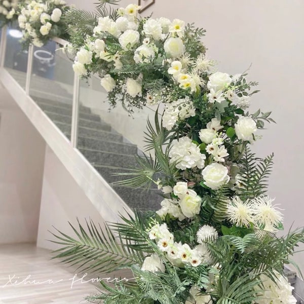 Stairs Flower Garland,White Rose Wedding Table Centrepiece Aisle Runner,Wedding Reception Table Runner,Swag Flower Arch,Wedding Floral Decor