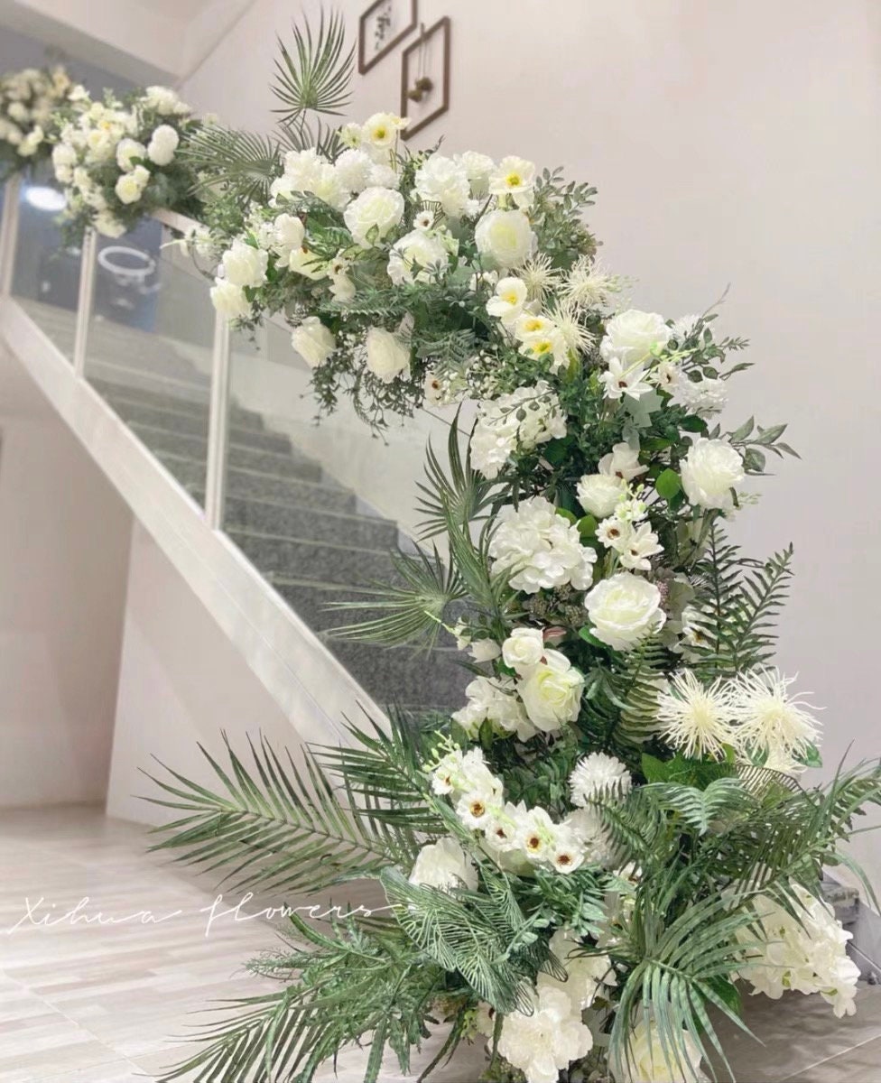 Stairs Flower Garland,White Rose Wedding Table Centrepiece Aisle Runner,Wedding Reception Table Runner,Swag Flower Arch,Wedding Floral Decor