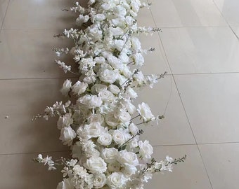 Corredor de flores blancas, flor de boda, corredor de pasillo, arreglos de boda, camino de mesa de recepción de bodas, arco de flores swag, pieza central de flores