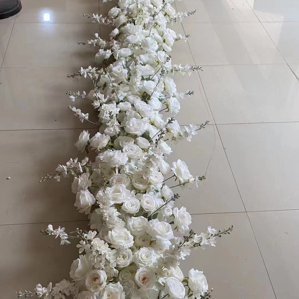 Corredor de flores blancas, flor de boda, corredor de pasillo, arreglos de boda, camino de mesa de recepción de bodas, arco de flores swag, pieza central de flores