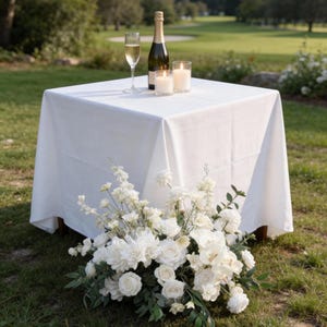 May include: A white tablecloth covers a square table set outdoors. A champagne bottle, two candles, and a champagne flute sit on the table. A floral arrangement of white roses and greenery is at the base of the table.