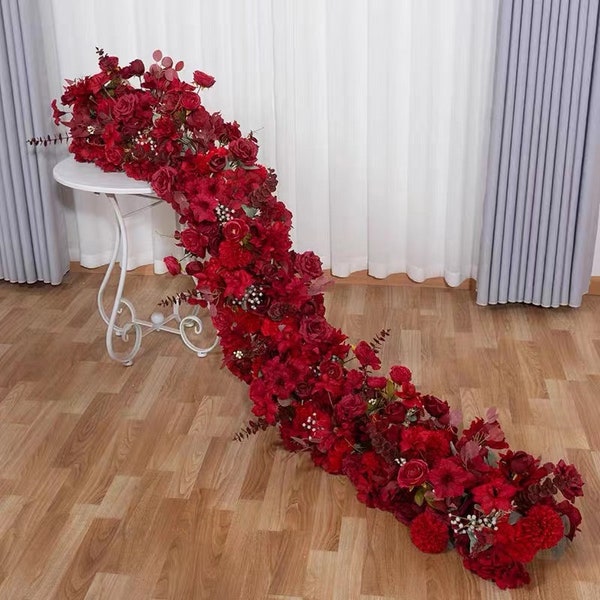 Red Rose Floral Table Runner Swag Flower Arch Decor Artificial Floral For Wedding Party Road Lead Flower Decor Wedding Backdrop Flower Row
