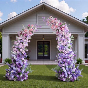 Paarse bloemen bruiloft boog bloemen, bruiloft bloem achtergrond, Valentijnsdag decoratie, outdoor bruiloft decor