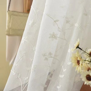 White Sheer Voile Tulle Curtain Embroidery Flower Pair Panels Modern ...