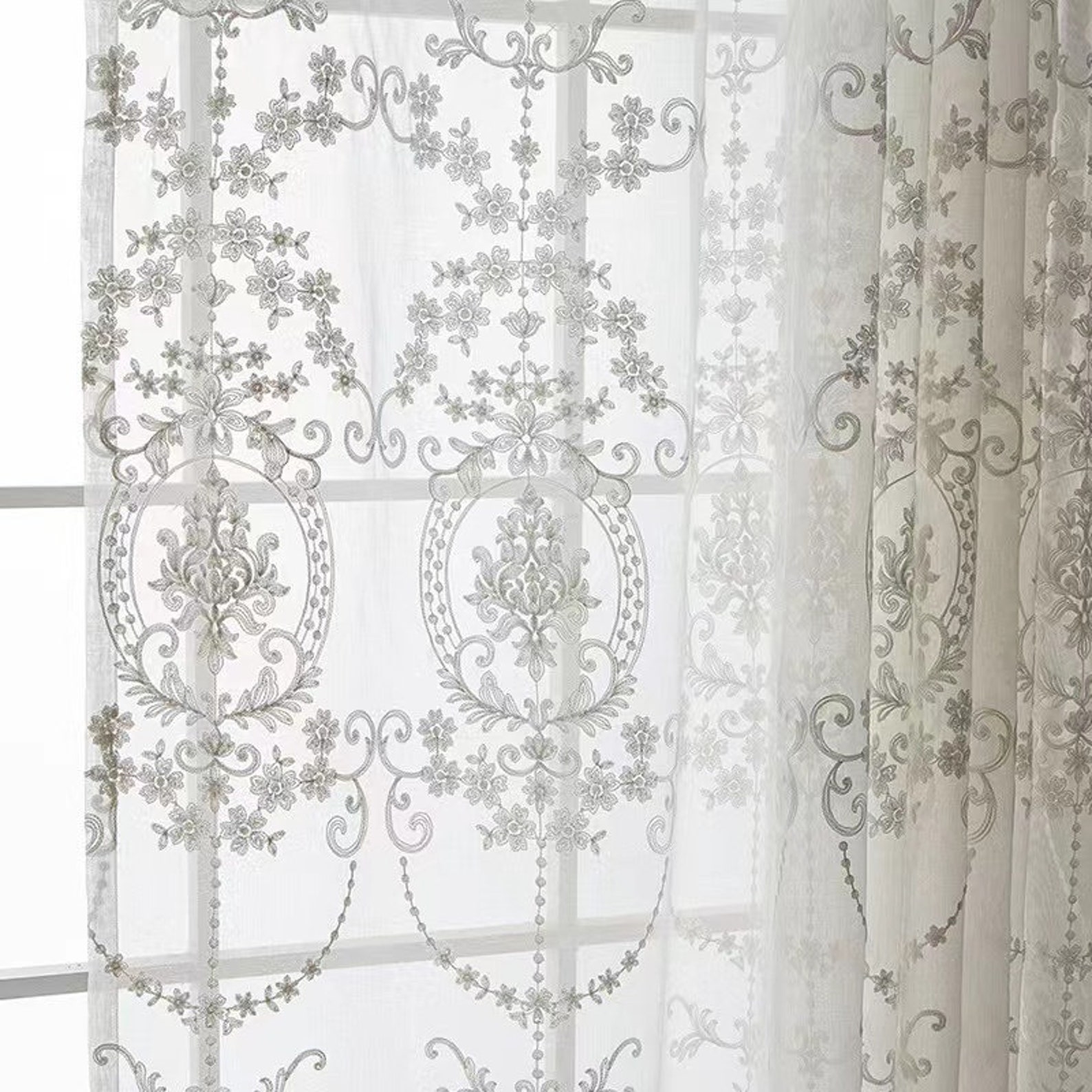 Embroidered Flower Curtain A Panels Pair White Sheer Voile Etsy