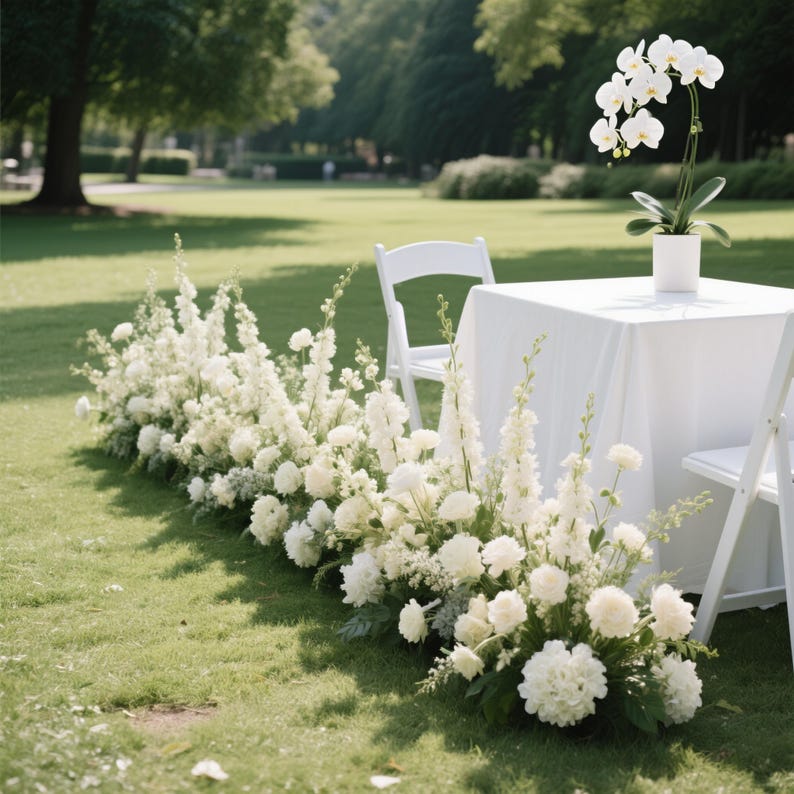 Puede incluir: Escena al aire libre con una mesa blanca para dos, cubierta con un mantel blanco y dos sillas blancas. Un arreglo floral de flores blancas bordea el c&eacute;sped, y una orqu&iacute;dea en maceta est&aacute; sobre la mesa. El fondo muestra un c&eacute;sped verde y &aacute;rboles.