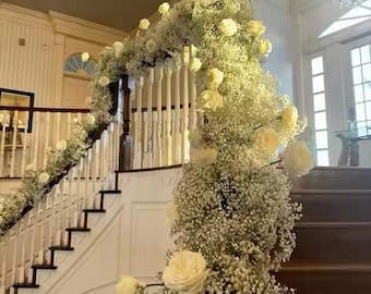 Baby's Breath White Rose Flower Garland,Wedding Aisle Flowers,Wedding Stairs Flower Row,Wedding Table Centrepiece,Wedding Flower Arch