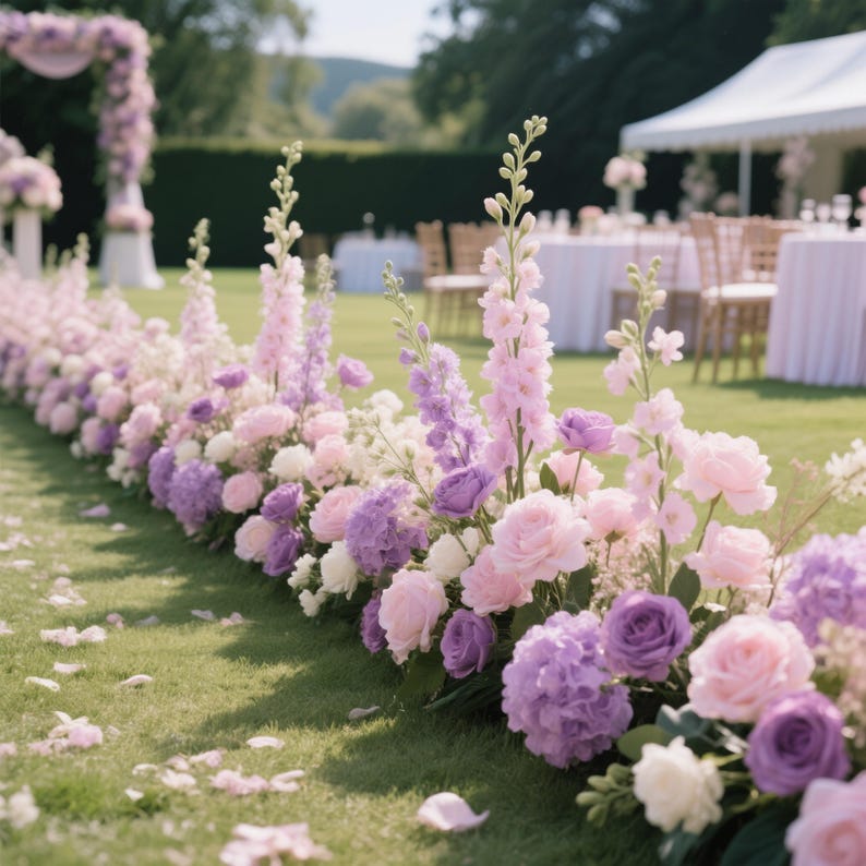 Puede incluir: Un arreglo floral de flores rosas, moradas y blancas, incluyendo rosas y delfinios, bordea un camino cubierto de hierba. Las flores est&aacute;n dispuestas en fila, creando una hermosa exhibici&oacute;n para un evento al aire libre. Un arco de boda y mesas de recepci&oacute;n son visibles en el fondo.