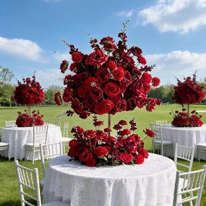 Puede incluir: Un gran centro de mesa floral elevado con rosas de color rojo intenso y flores de acento dispuestas sobre un soporte dorado alto y delgado. El arreglo se asienta sobre una mesa redonda cubierta con un mantel de encaje blanco y sillas blancas.