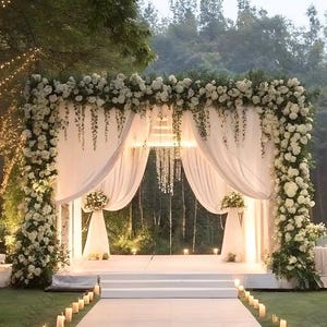 May include: A wedding ceremony setting with a white floral archway and draped fabric. The arch is decorated with white flowers and greenery, with a stage and aisle lined with candles. Lanterns and trees are in the background.