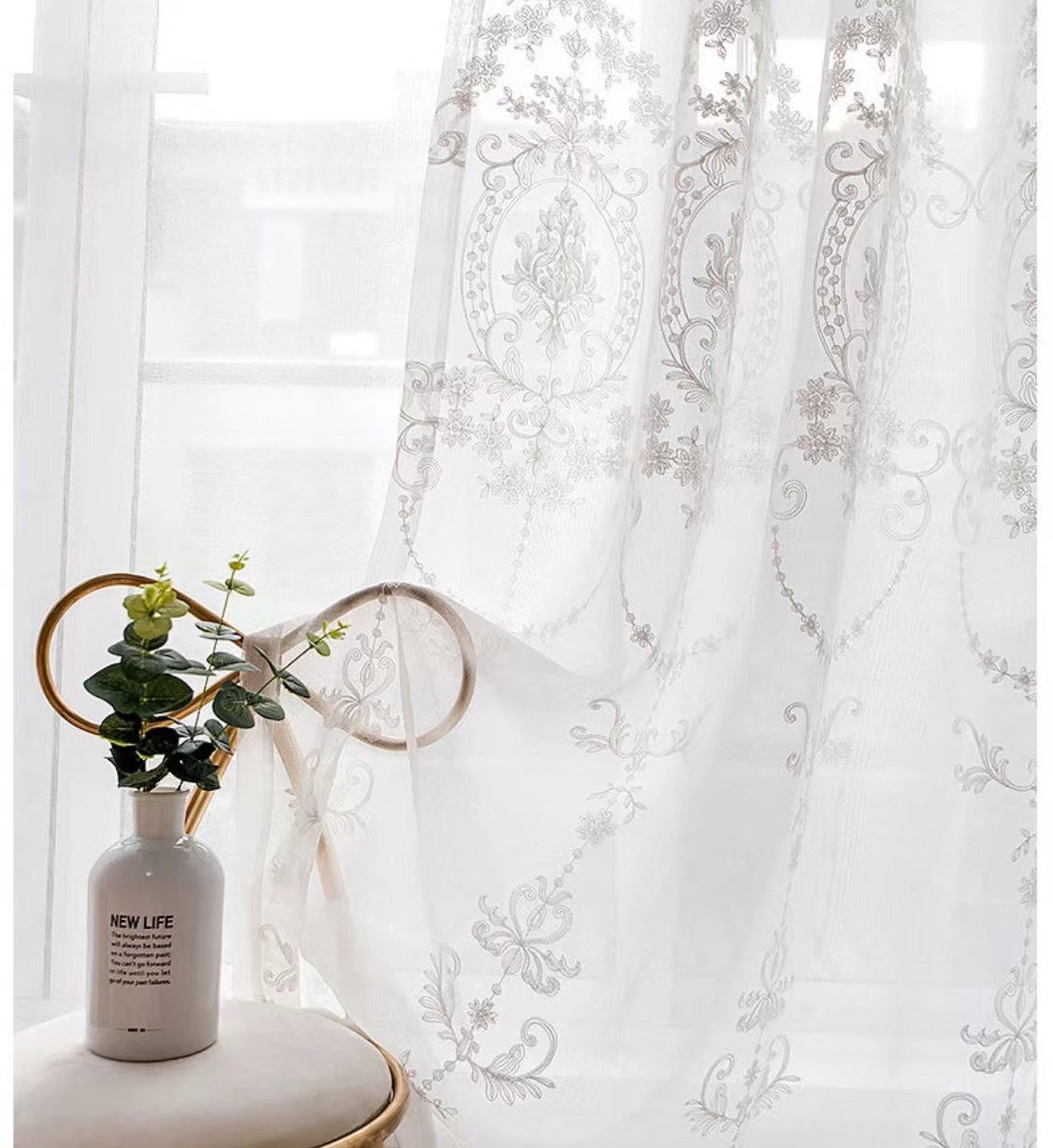 Embroidered Flower Curtain A Panels Pair White Sheer Voile Etsy
