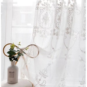 Embroidered Flower Curtain A Panels Pair White Sheer Voile Tulle ...