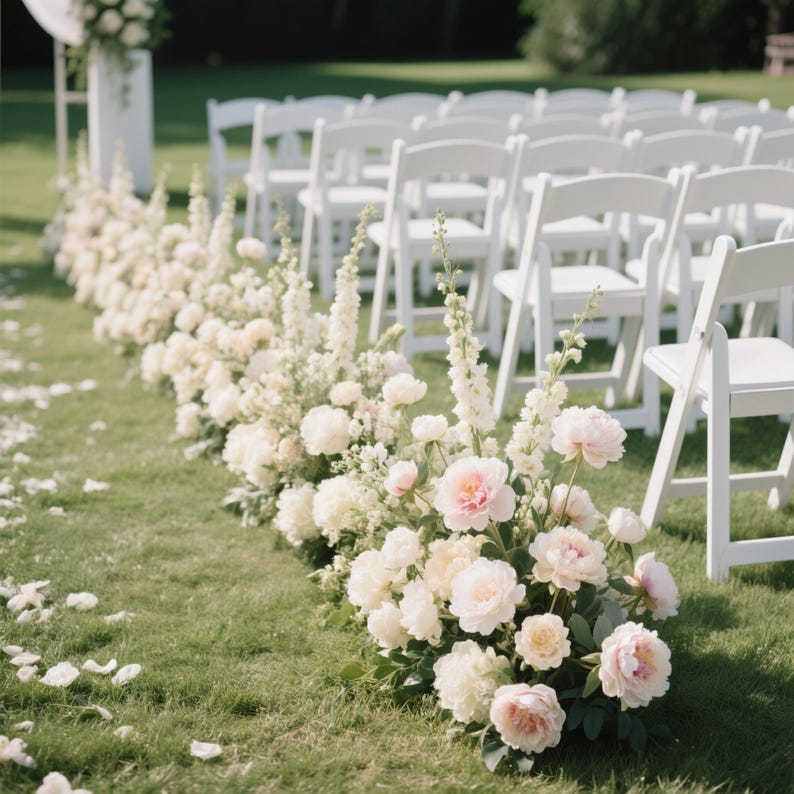 Puede incluir: Montaje de ceremonia de boda al aire libre con sillas plegables blancas sobre hierba verde. Un arreglo floral de flores blancas y rosas bordea el pasillo. Un arco blanco es visible en el fondo.