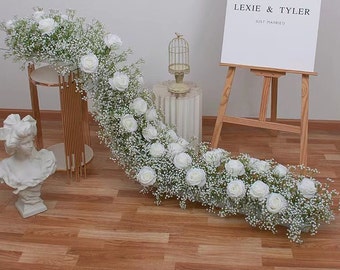 White Rose Babysbreath Garland,Baby Breath Flower Runner,Babys Breath Flower Garland,Table Centerpieces,Bridal Shower Decor Patry Decor