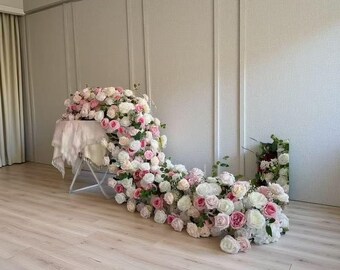 White Hot Pink Flower Runner,Wedding Flower Aisle Runner,Wedding Backdrop,Flower Row Floral Garland,Wedding Reception,Swag Flower Arch