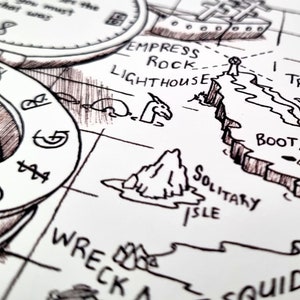 May include: A black and white hand-drawn map with the text "Empress Rock Lighthouse", "Solitary Isle", "Boot", "Wreck A", and "Squid".