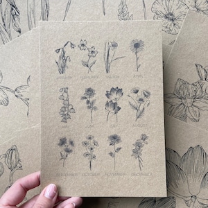 Impression de fleurs d'anniversaire, les 12 fleurs dessinées à la main, impression A5, impression d'art Kraft A4
