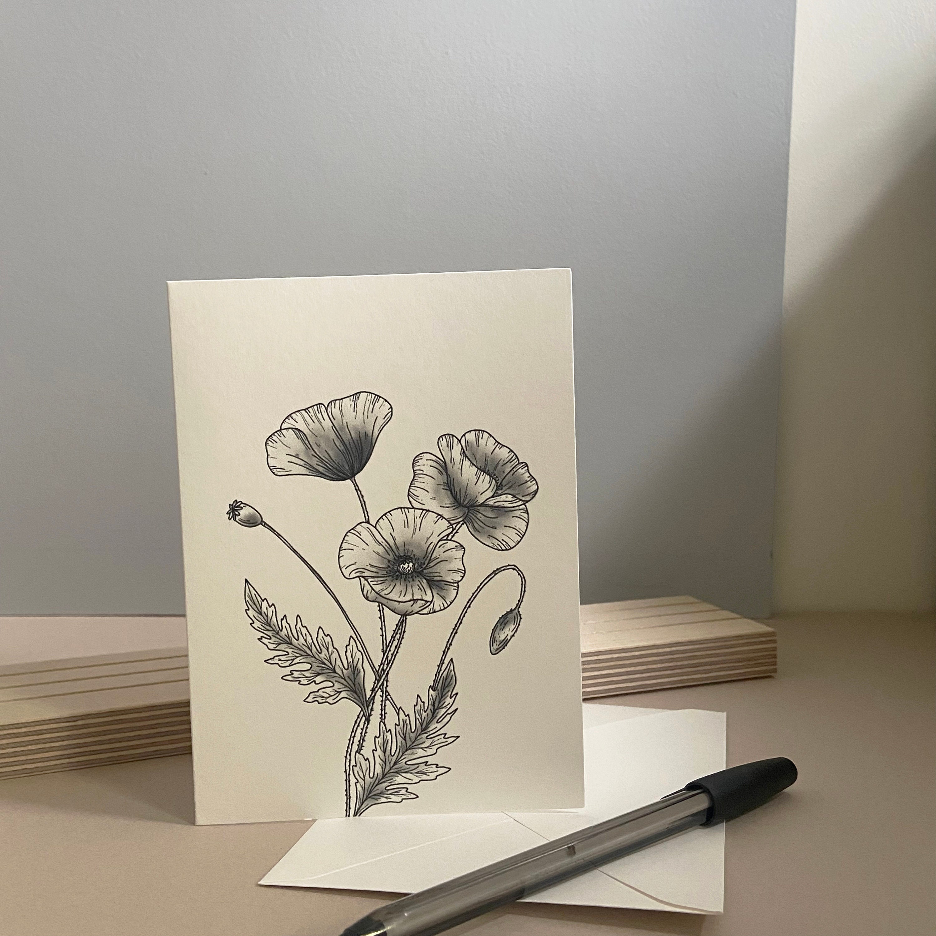 Black and White August Birthday Flower Greetings Card, Hand Drawn Poppy Birthday Card, A6 White Card with Envelope, Blank Inside