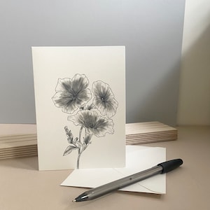 Schwarzweiße September Geburtstagskarte, handgezeichnete Morning Glory Geburtstagskarte, schwarz-weiße Karte mit Umschlag, innen leer